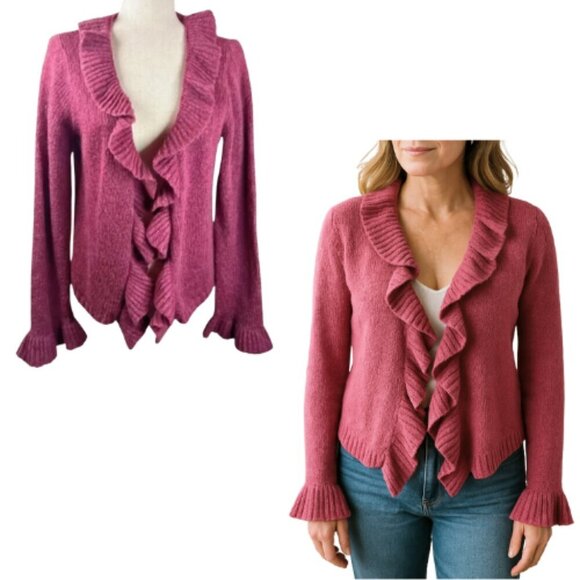 KIABI WOMAN Fuchsia Pink Purple Ruffle Wool Mohair Blend Cardigan Sweater Size L - Picture 1 of 15